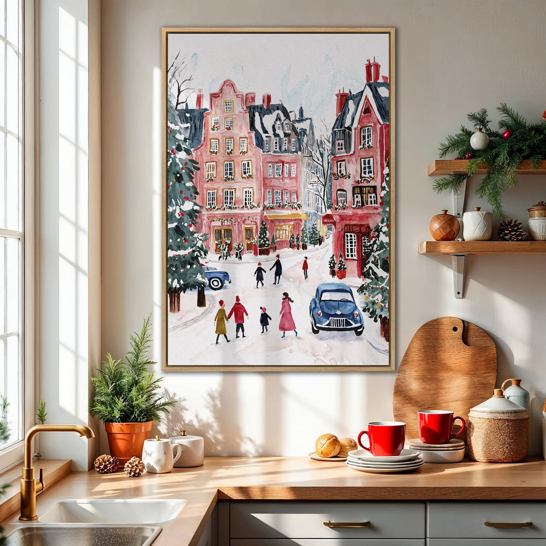 Framed Wall Art: Watercolor winter scene with pink buildings, blue cars, and figures. Warm red and blue color palette. Perfect holiday decor.