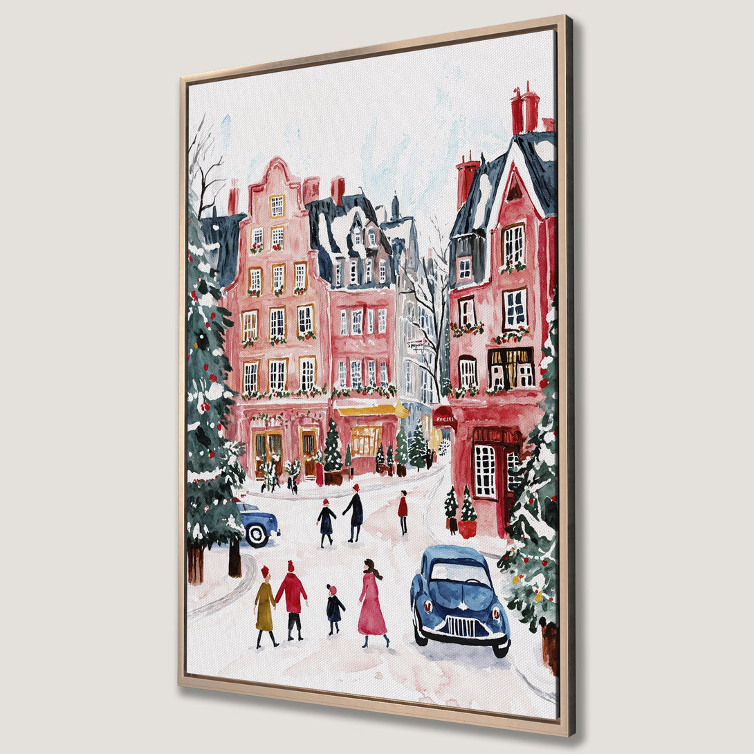 Framed Wall Art of a charming winter street scene in watercolor style. Features pink buildings, blue cars, and a festive red and green color palette.