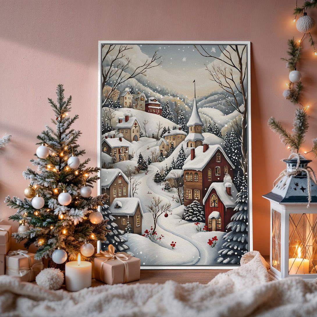 Framed Wall Art: Winter village scene in watercolor style, featuring snow-covered houses. Soft, neutral color palette for cozy holiday decor.