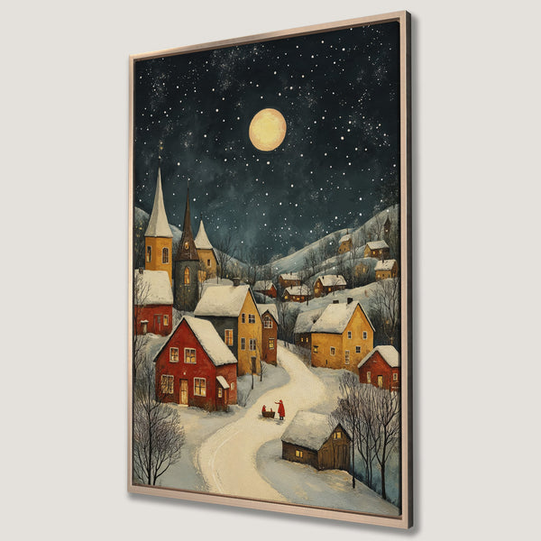 Framed Wall Art: Winter village scene with a warm color palette. Cozy illustration of snow-covered houses under a starry night sky. Perfect for holiday decor.