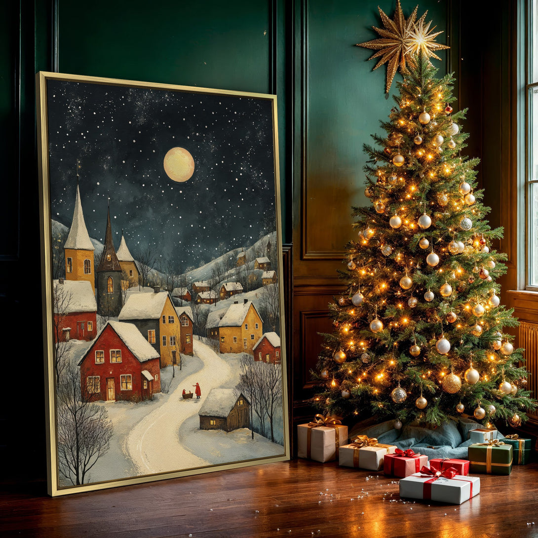Canvas Print of a winter village scene in a whimsical style with a warm color palette. Perfect for cozy holiday decor.