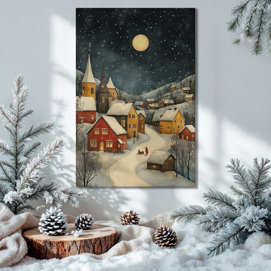 Framed Wall Art: Winter village scene in a cozy interior. Features a warm color palette with red, yellow, and blue hues. Perfect holiday decor.