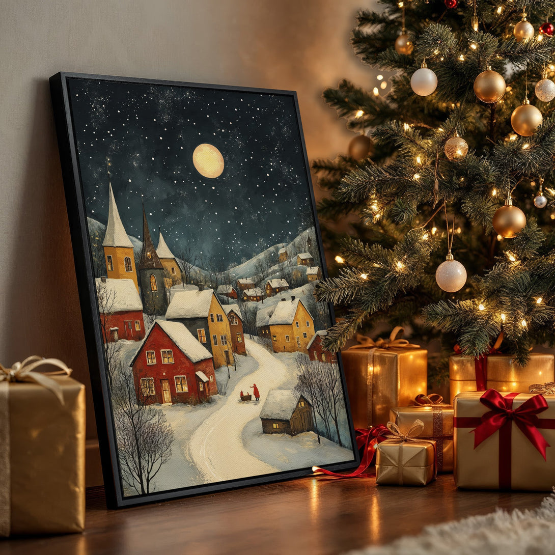 Framed Wall Art: Winter village scene canvas print with a warm, inviting color palette. Perfect holiday decor for your home!