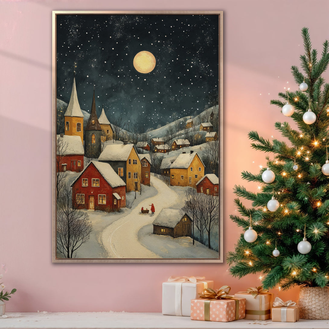 Framed Wall Art: Winter village scene in a painterly style with a warm color palette. Perfect holiday decor for a cozy, inviting space.