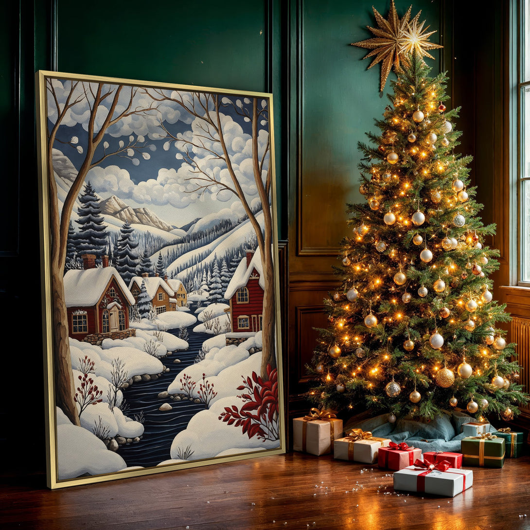 Canvas Print of a winter village scene in a cozy, illustrative style. Features a blue, white, and red color palette, perfect for adding warmth to your home.