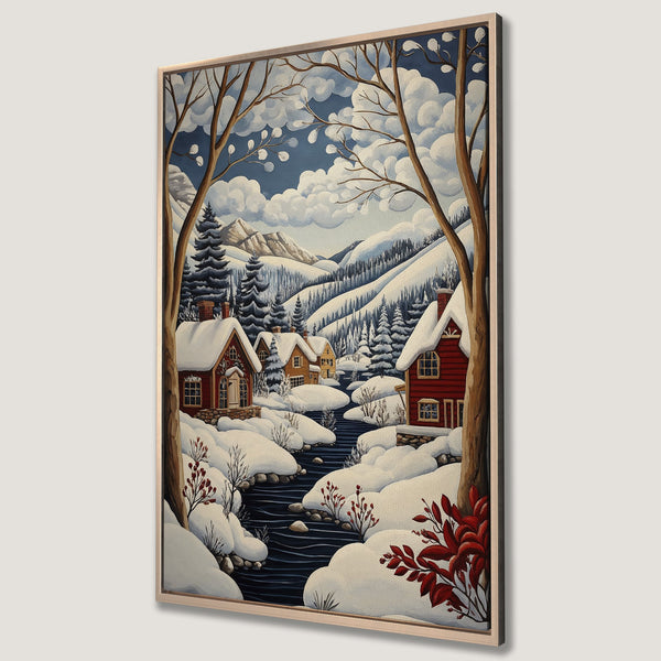 Framed Wall Art: Winter landscape Canvas Print with cozy cabins, snowy mountains, and a blue and white color palette. Perfect for adding warmth to your space.