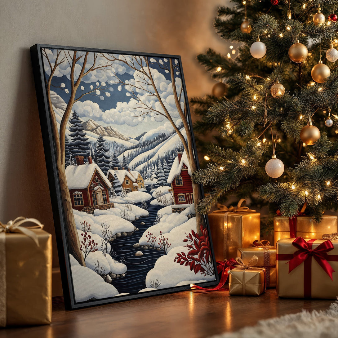 Framed Wall Art featuring a winter landscape painting in a cozy interior. Blue, white, and red color palette. Perfect Christmas decor.