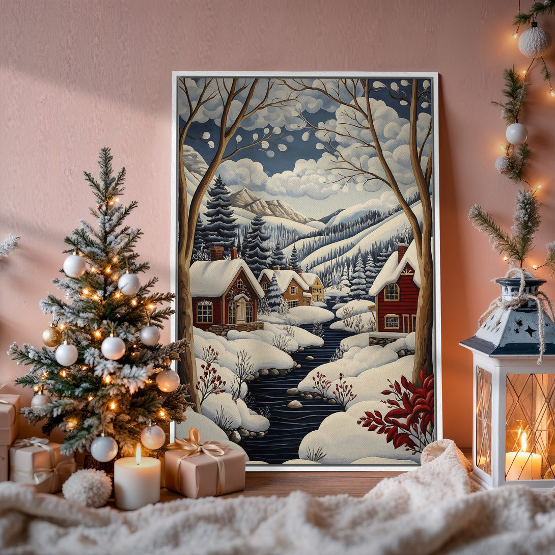 Framed Wall Art: Winter landscape Canvas Print with snowy village scene. Cozy, warm color palette with blues, reds, and browns. Perfect holiday decor.
