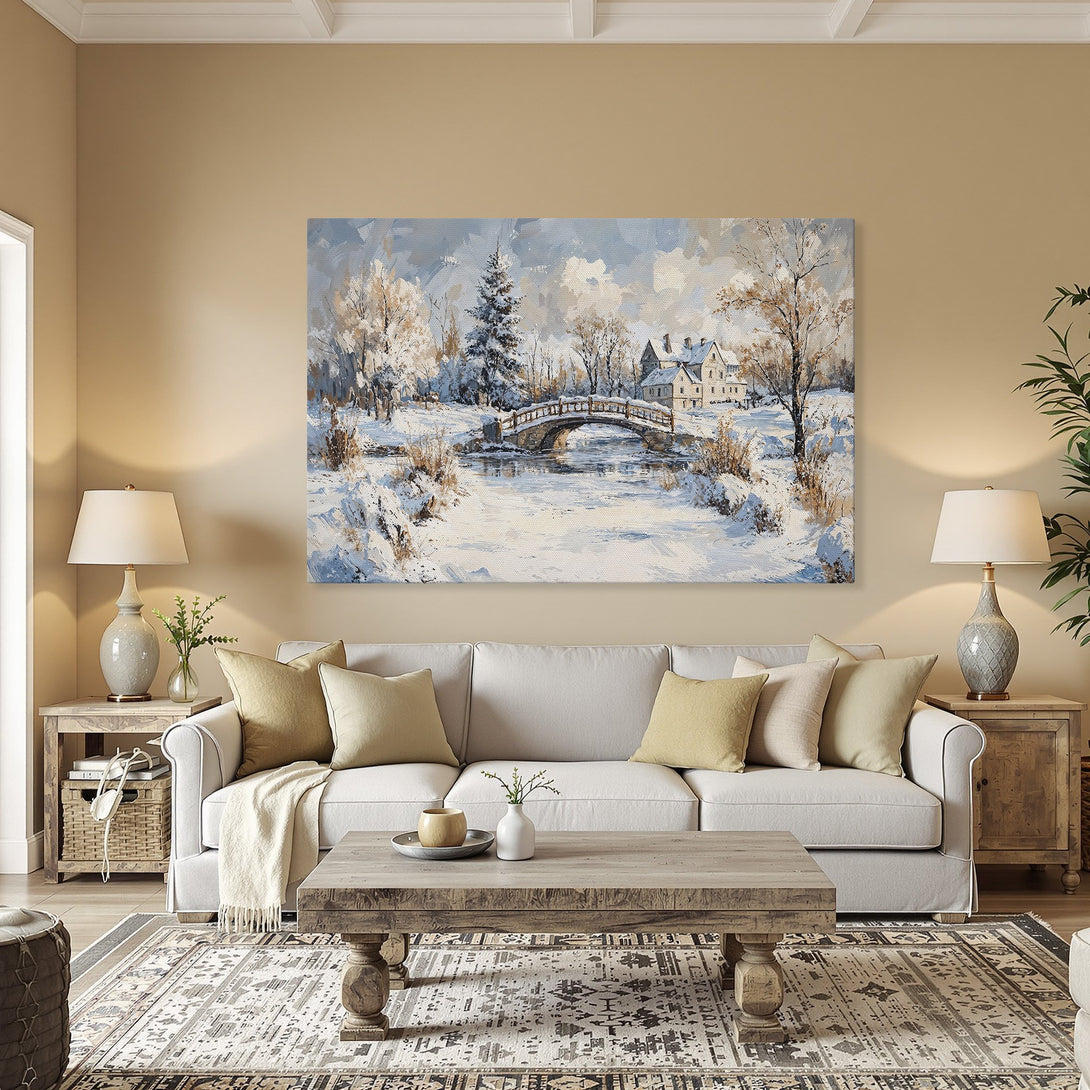Framed Wall Art: Winter landscape Canvas Print in cool blue and white tones. Perfect for adding a touch of serene beauty to your home decor.
