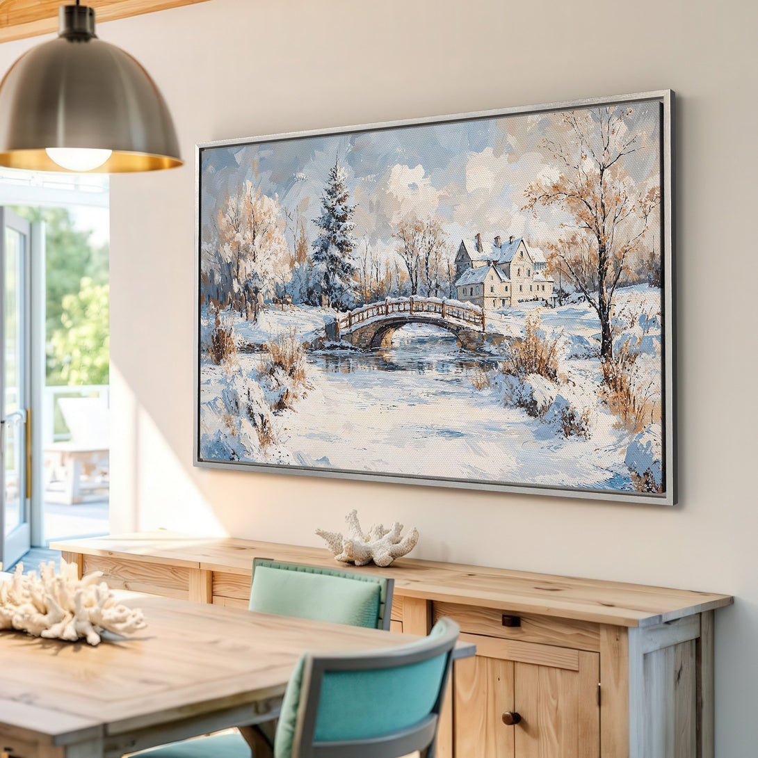 Framed Wall Art: Winter landscape Canvas Print in cool blue and white tones, perfect for adding a serene touch to your home decor.
