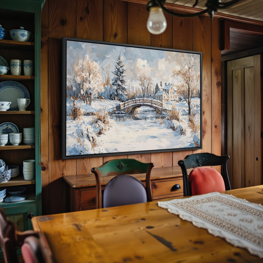 Framed Wall Art: Winter landscape painting in a cozy interior. Features a bridge, snow, and a cool, neutral color palette. Perfect for home decor!