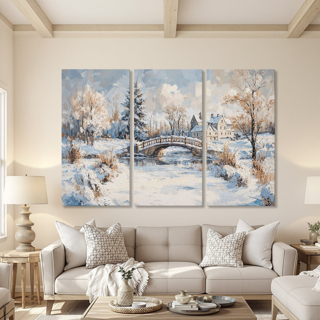 Canvas Print of a winter landscape painting with a bridge, featuring a cool blue and beige palette. Perfect wall art for a cozy living room.