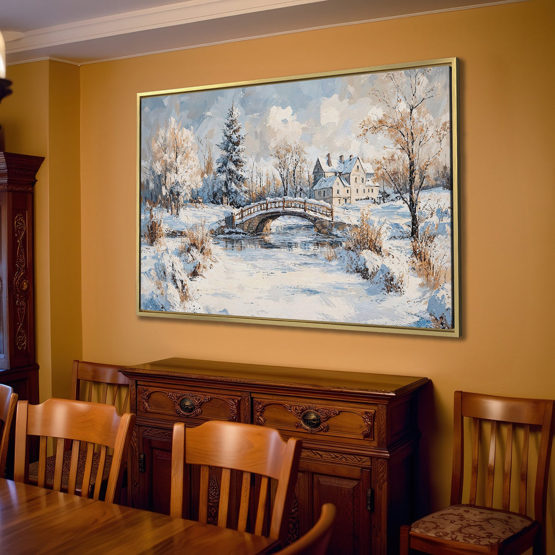 Canvas Print of a snowy winter landscape with a bridge, in cool blue and white tones. Perfect for adding a touch of serene beauty to your home.