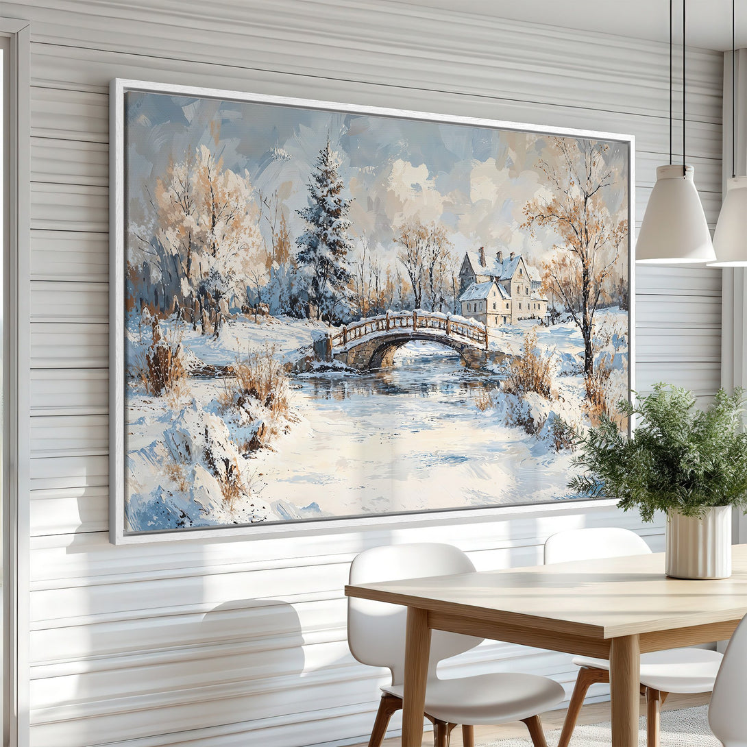 Framed Wall Art: Winter landscape canvas print with a bridge, featuring a cool blue and beige color palette, perfect for home decor.