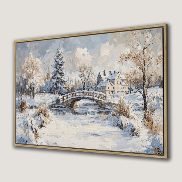 Framed Wall Art: Winter landscape Canvas Print with a snowy bridge and house. Soft, muted color palette of blues, whites, and browns.