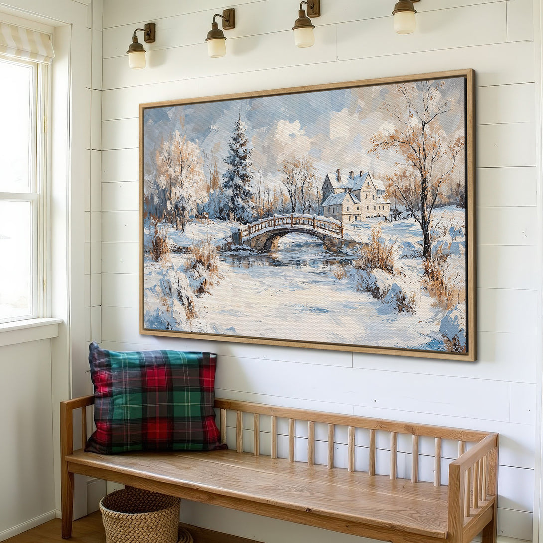 Framed Wall Art: Winter landscape painting in blue, white, and brown tones. Rustic style canvas print adds cozy charm to any interior.