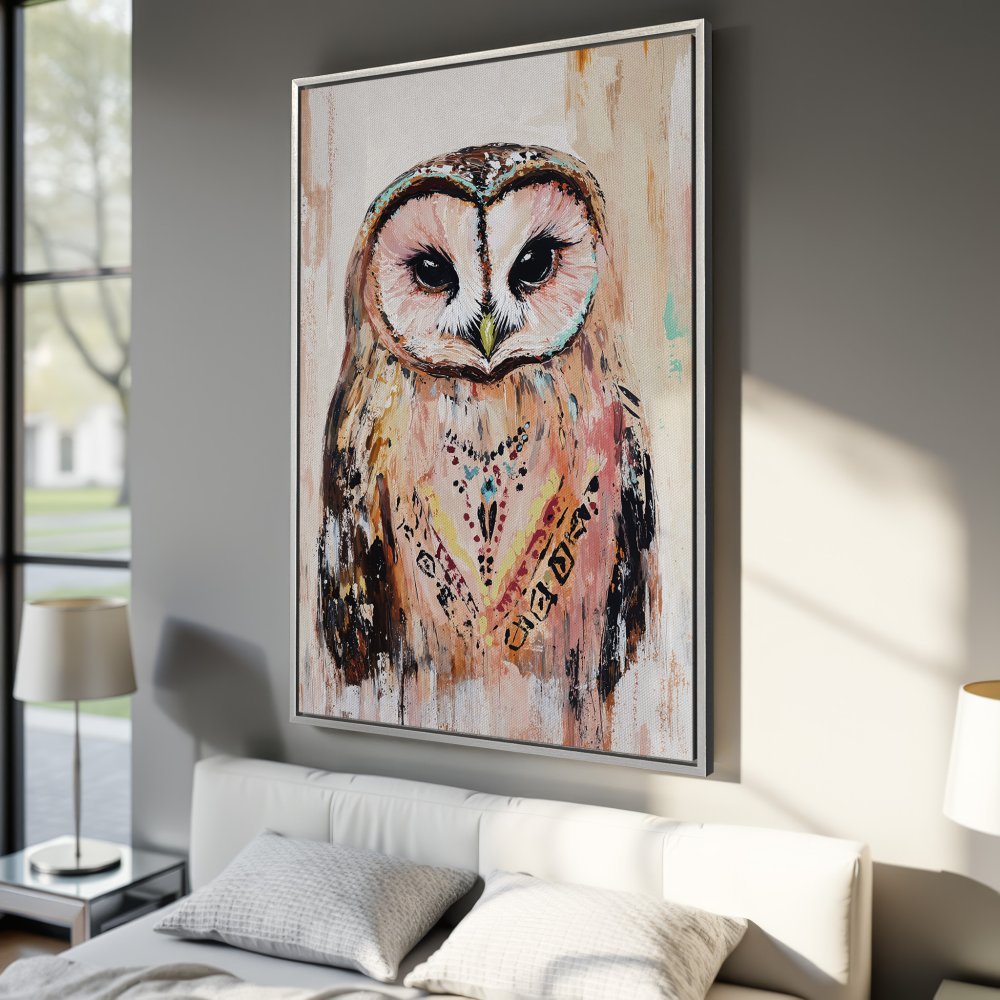 Framed Wall Art: Abstract owl painting in warm earth tones. Add a touch of bohemian style to your home with this unique canvas print.