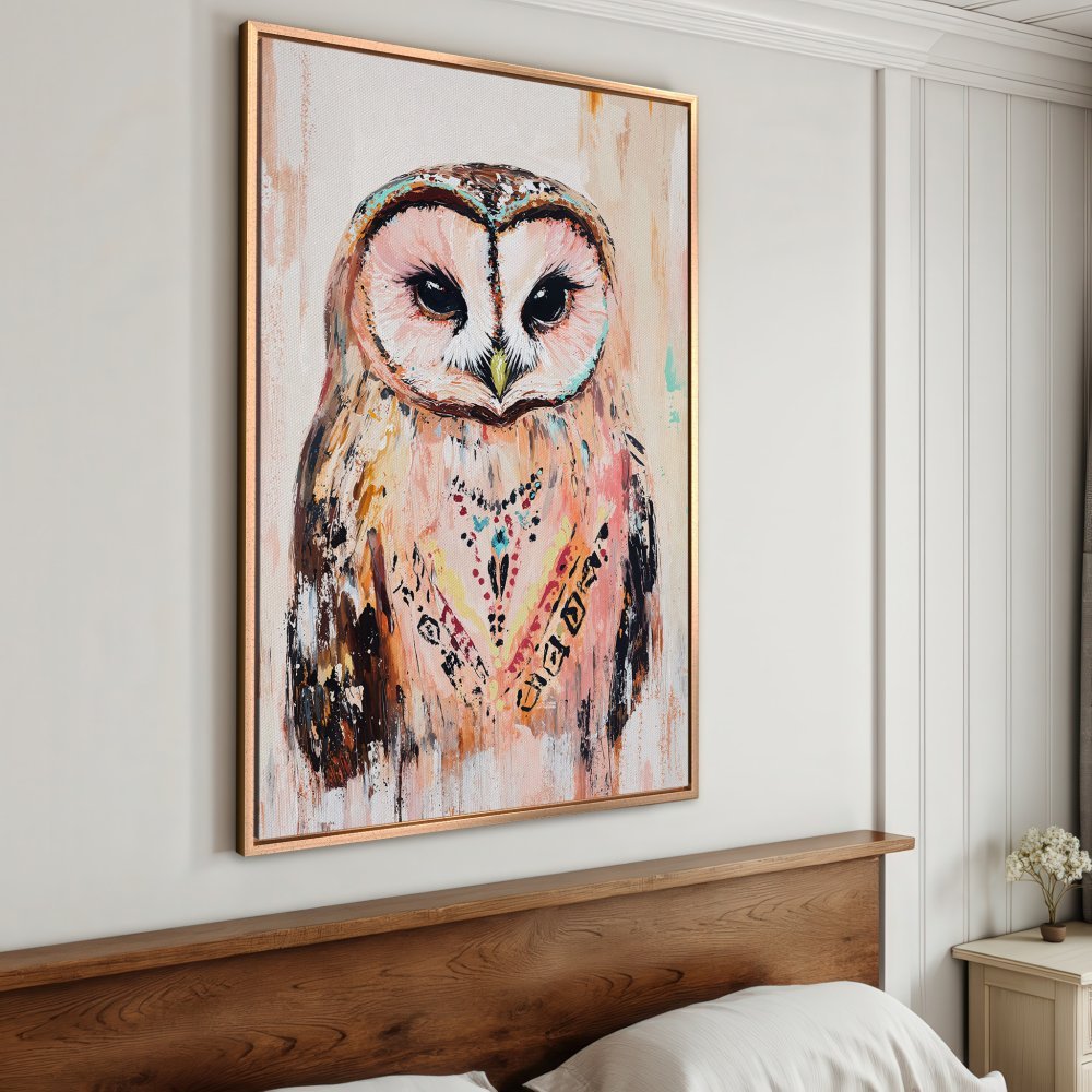 Framed Wall Art: Colorful owl painting in a boho style, featuring a warm, earthy palette of pinks, browns, and creams. Perfect for bedroom decor!