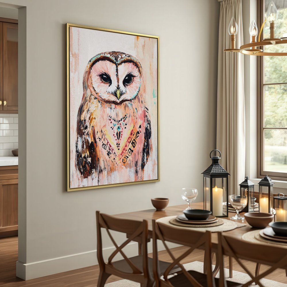 Canvas Print of an owl in a rustic style. Warm, earthy tones and a touch of pink create a cozy, inviting wall art piece.