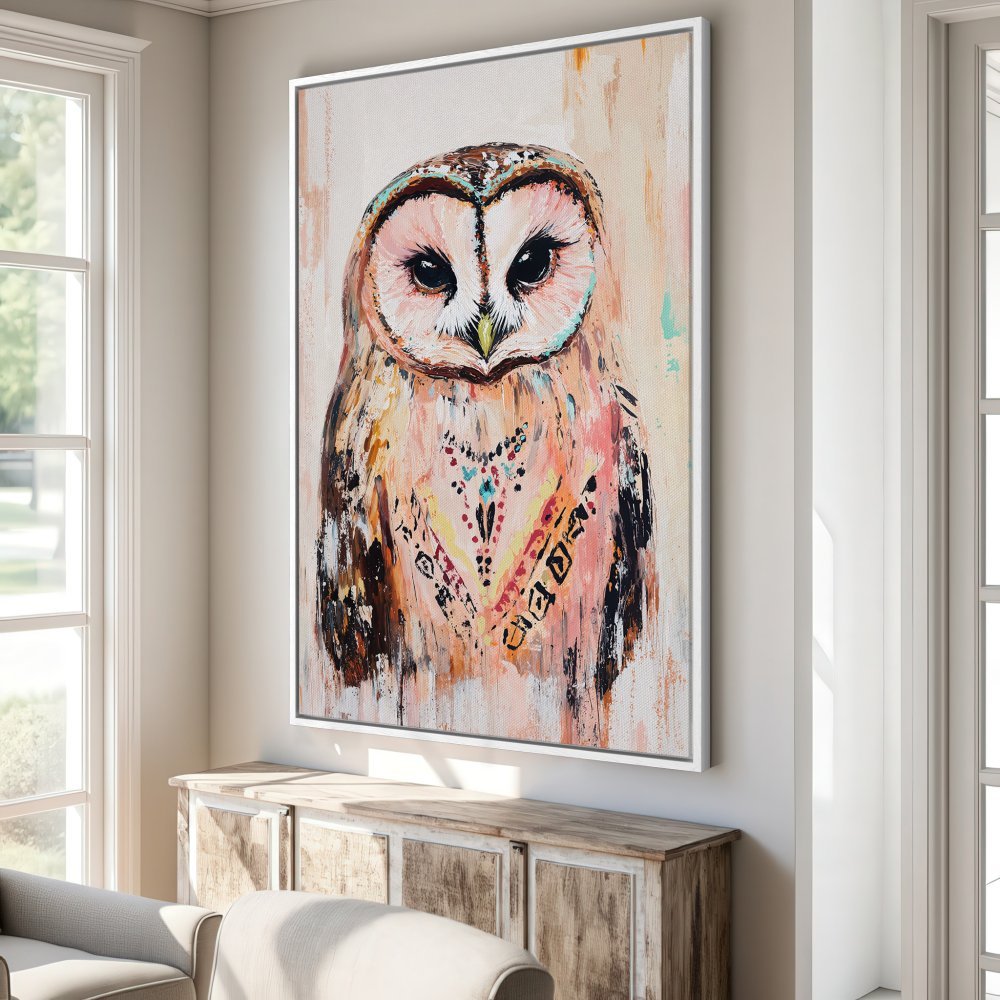 Framed Wall Art: Whimsical owl painting in warm, earthy tones. Adds a touch of boho style to any room. Perfect for home decor.