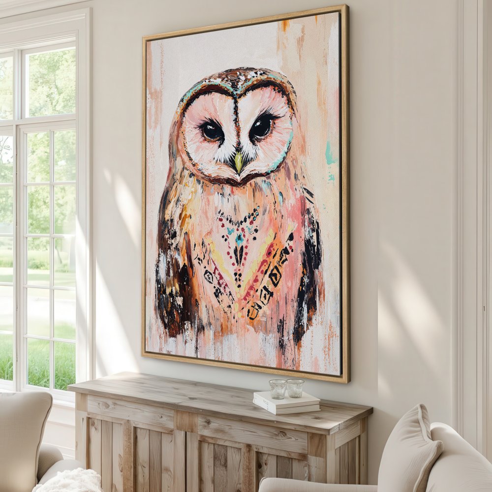 Framed Wall Art: Colorful owl painting in a boho style, featuring a warm peach and brown palette. Perfect for adding character to your home!