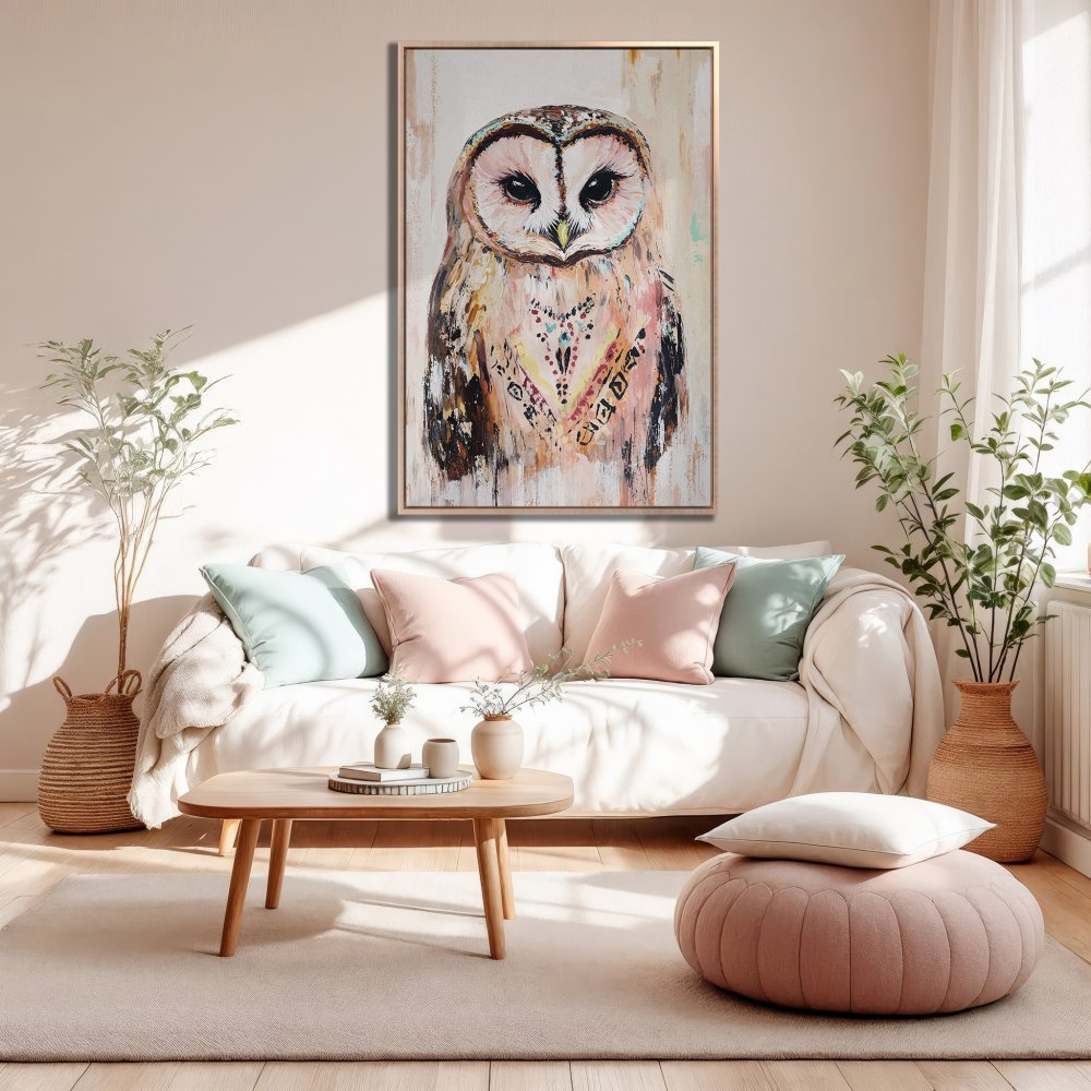 Framed Wall Art: Owl painting in a warm, neutral palette. Perfect for adding a touch of boho style to your living room. Shop now!
