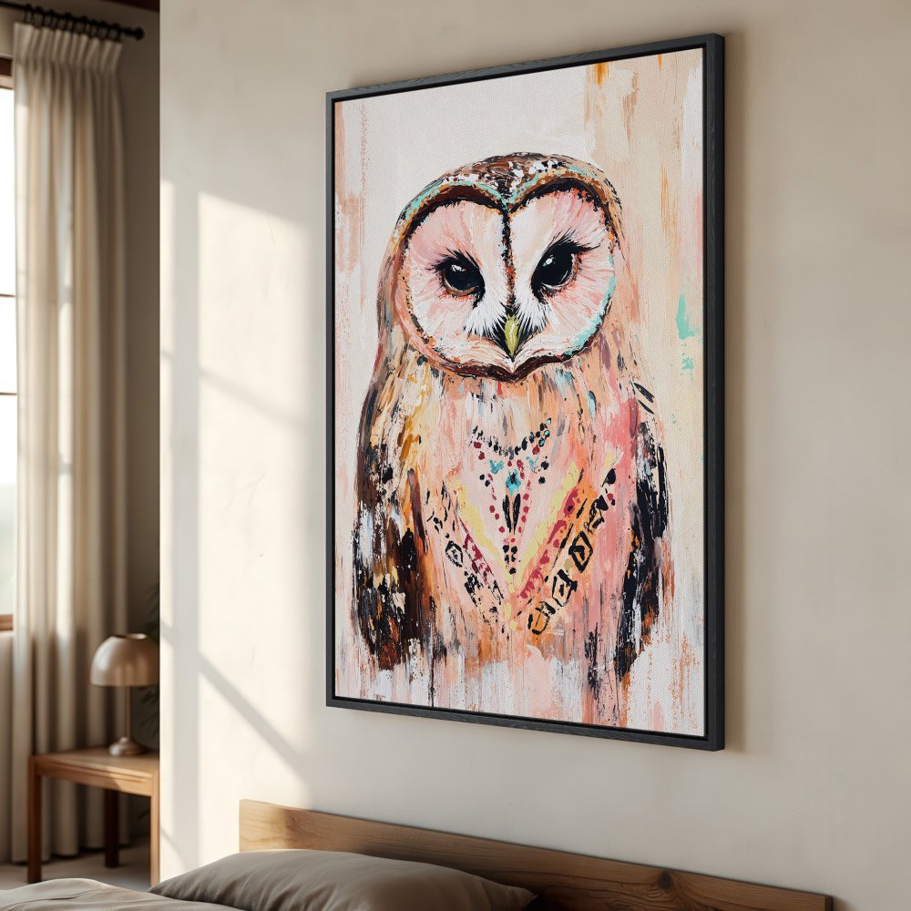 Framed Wall Art: Boho owl portrait in warm peach and pink tones. Add a touch of nature and style to your space with this canvas print!