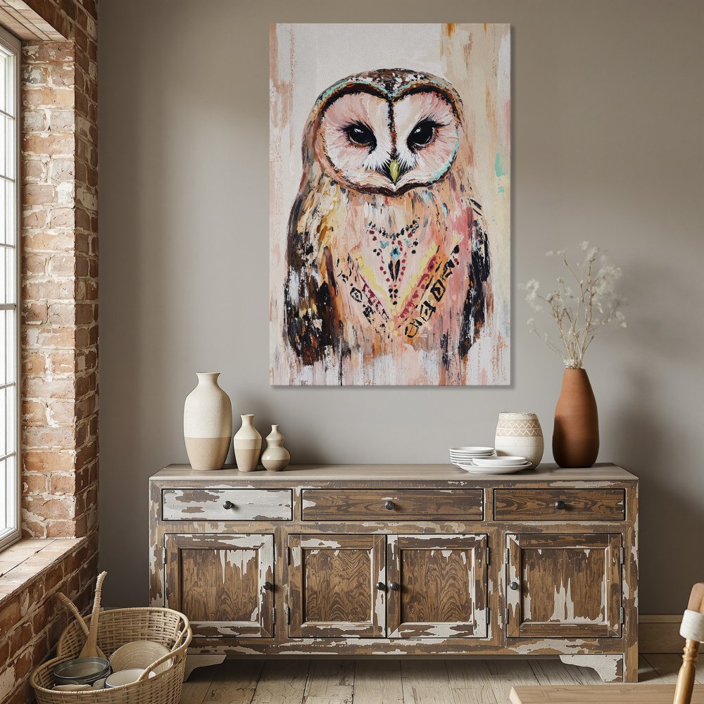 Framed Wall Art: Boho owl painting in warm, earthy tones. Add a touch of nature and style to your space with this unique canvas print.