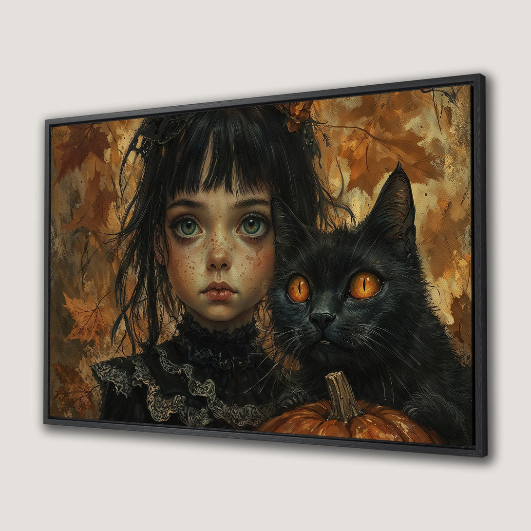 Framed Wall Art: Gothic girl with black cat. Warm autumn color palette. Perfect for Halloween decor. Canvas Print for your home.