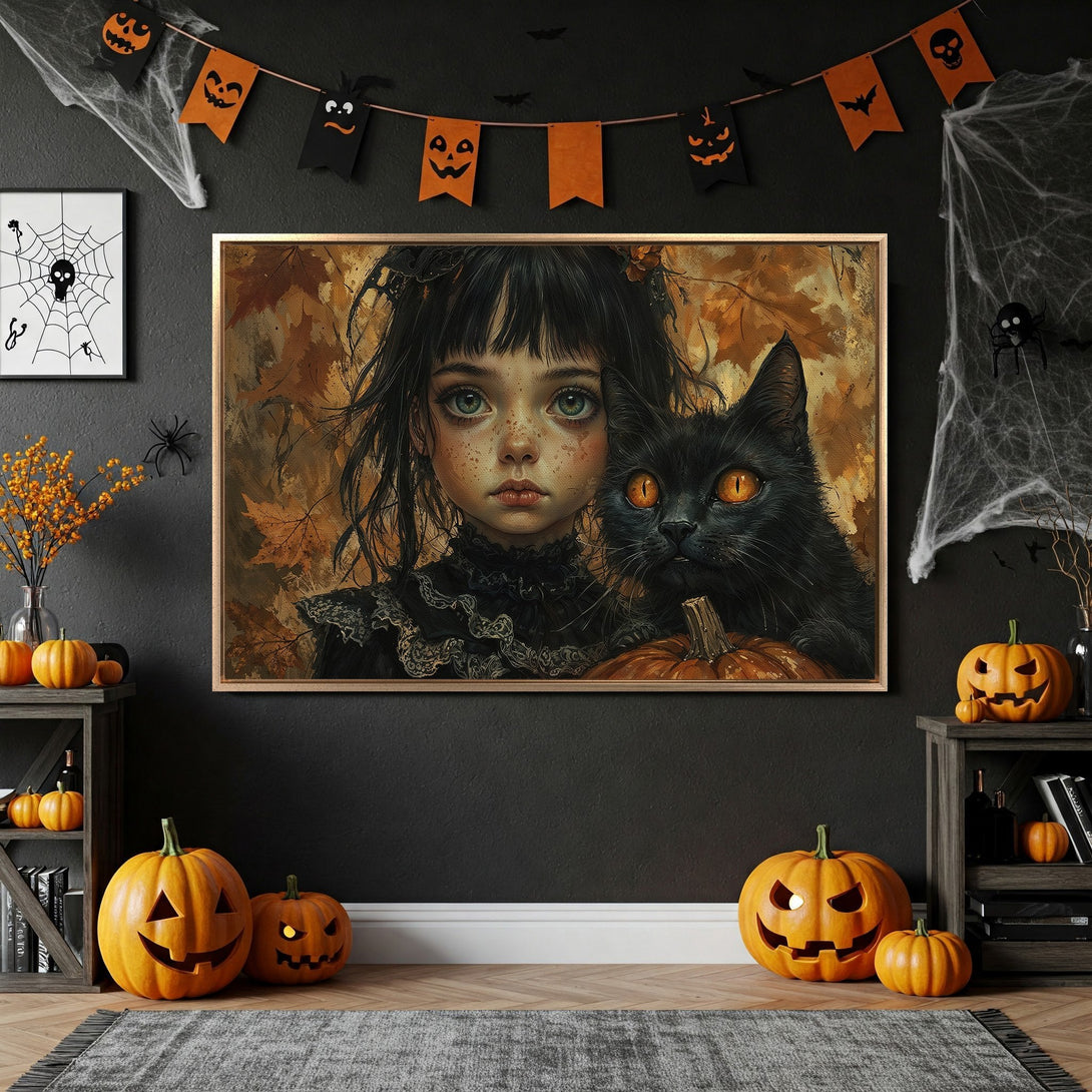 Framed Wall Art: Spooky Halloween portrait of a girl and black cat, warm autumn color palette. Perfect for adding a touch of gothic art to your home decor.