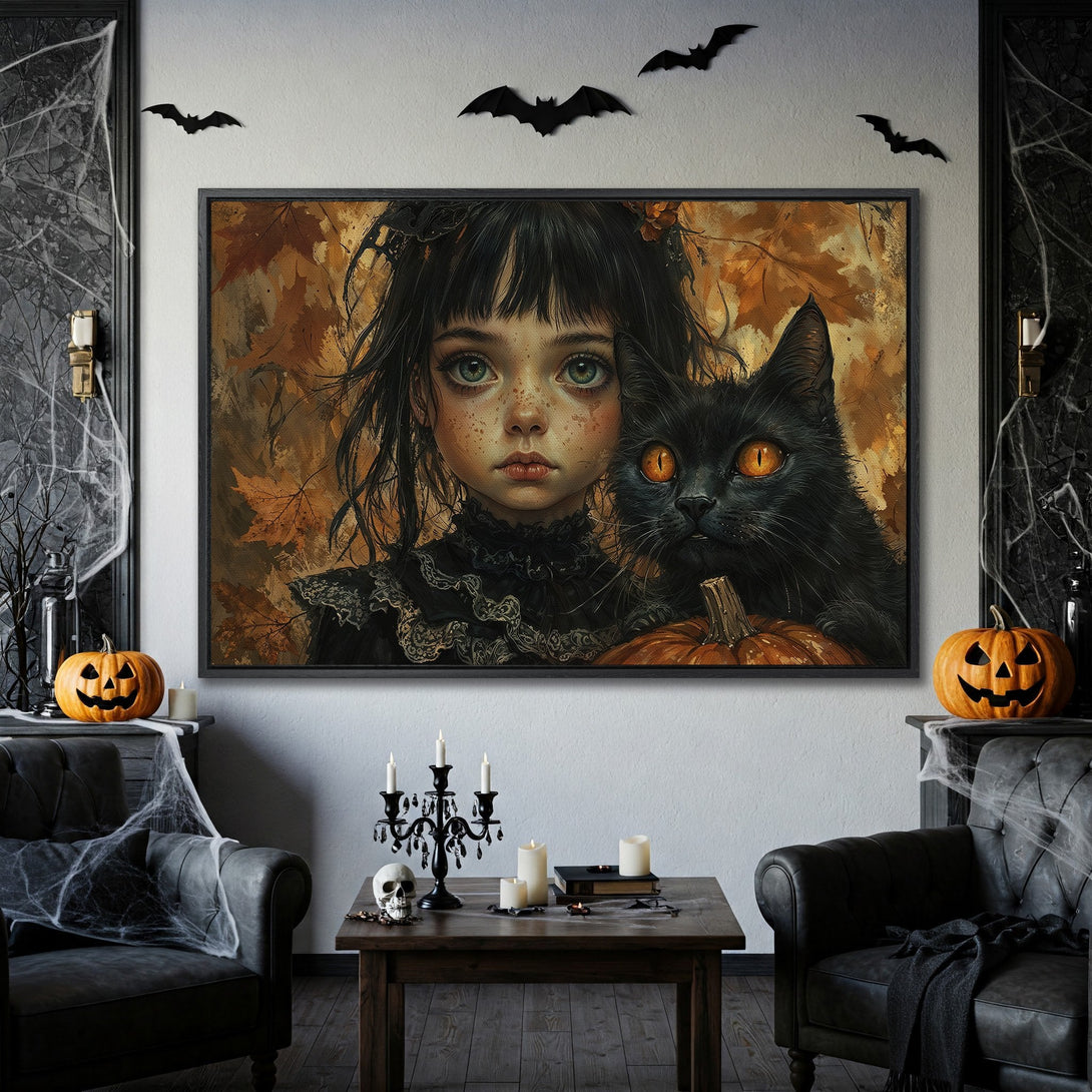 Framed Wall Art: Gothic girl & black cat painting in warm autumn tones. Perfect Halloween decor!