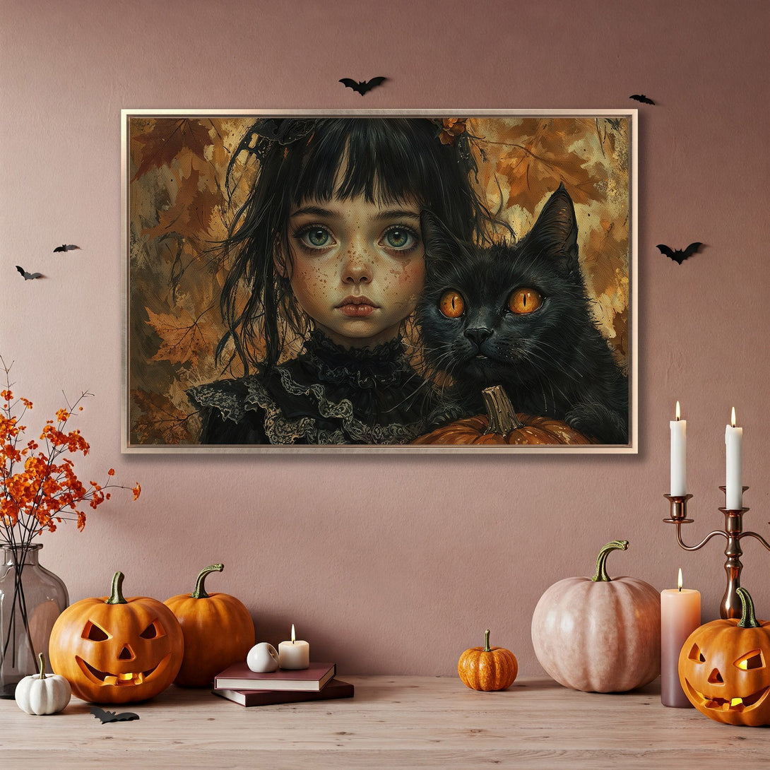 Framed Wall Art: Spooky girl & black cat portrait in warm autumn tones. Perfect Halloween decor! Add a touch of mystery to your space.