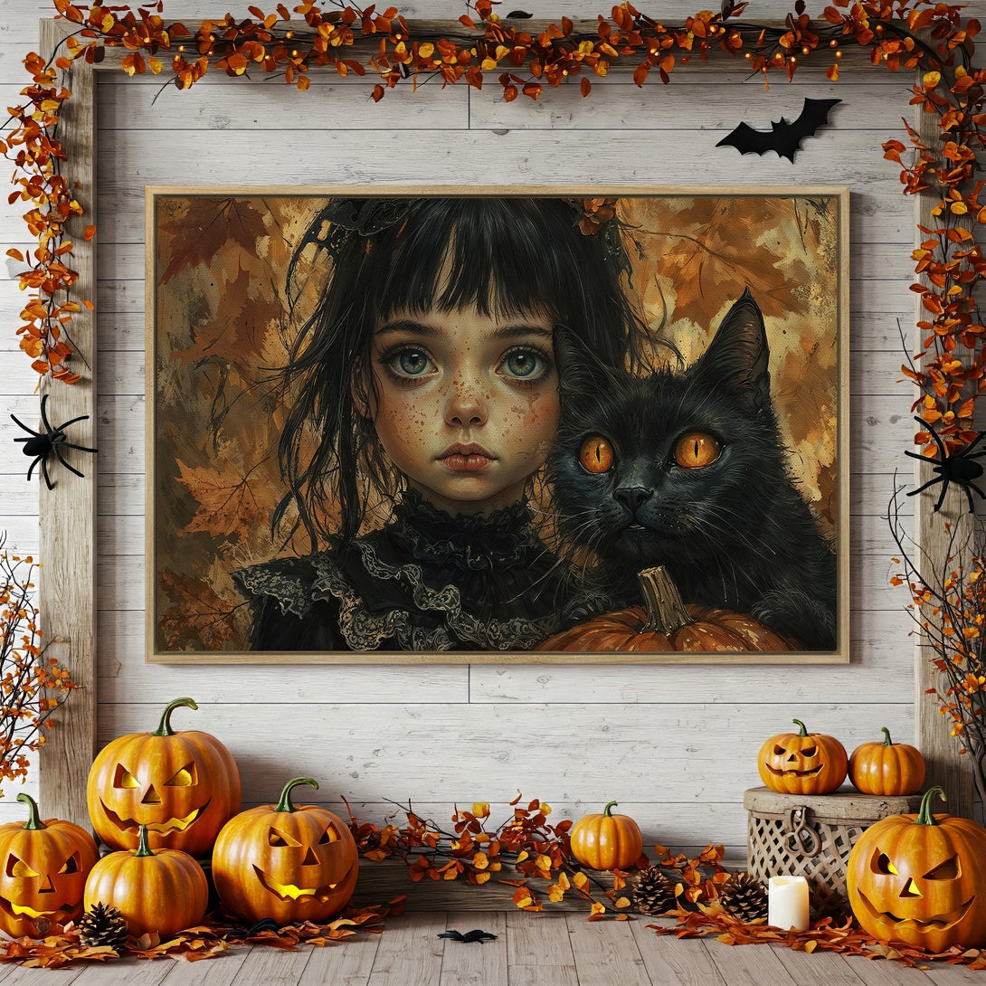 Framed Wall Art: Spooky girl with black cat in autumn colors. Perfect Halloween decor. Warm orange and brown palette. Add a touch of magic to your space!