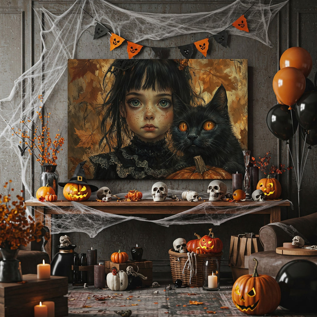 Framed Wall Art: Spooky Halloween girl with black cat, warm autumn tones. Perfect for seasonal decor. Add a touch of mystery to your home!