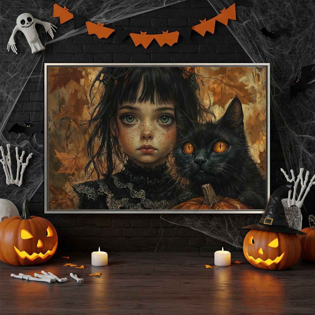 Framed Wall Art: Spooky Halloween portrait of girl and black cat in warm autumn tones. Perfect for seasonal decor.