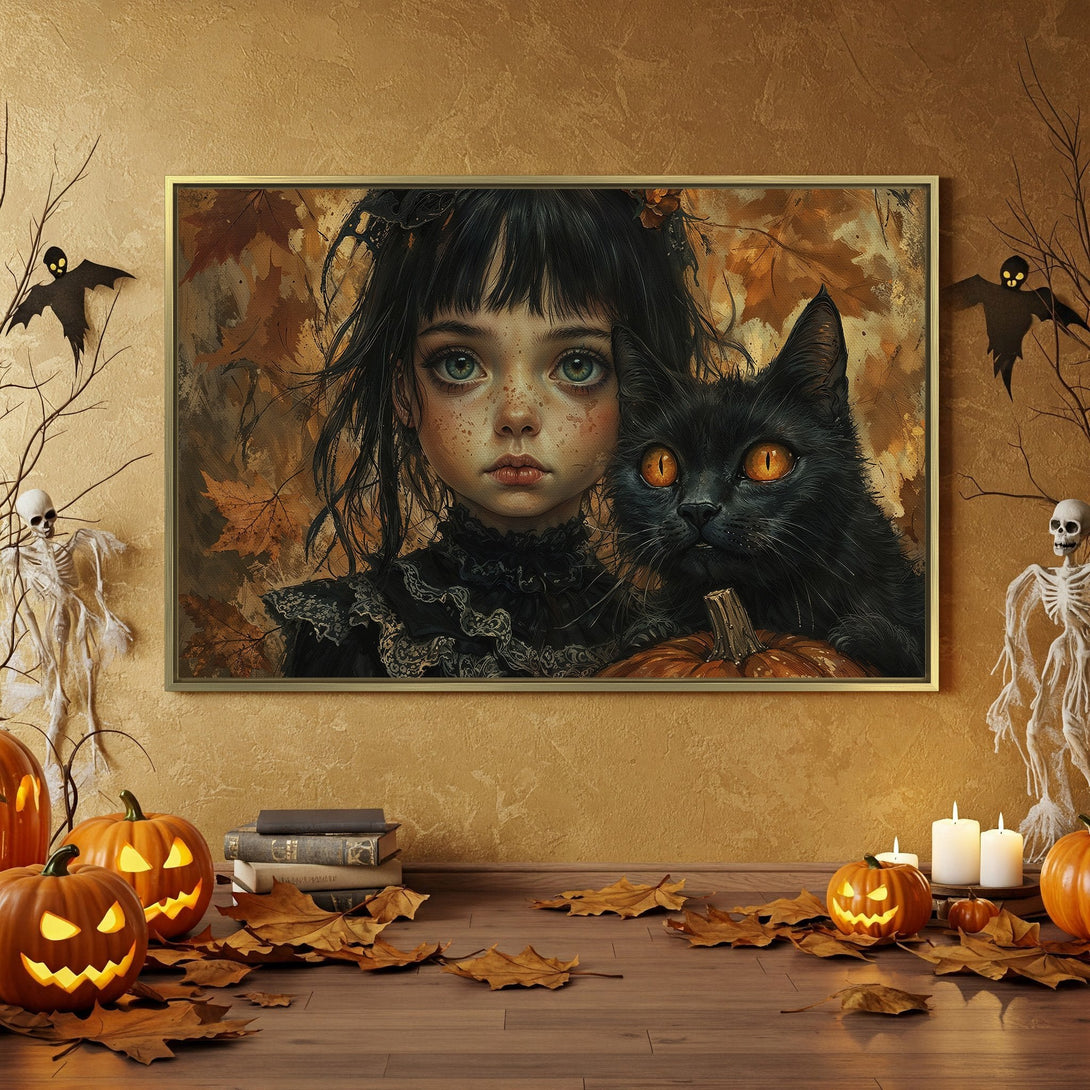 Canvas Print featuring a spooky girl and black cat in a Halloween scene. Warm, autumnal color palette. Perfect for your Halloween decor!