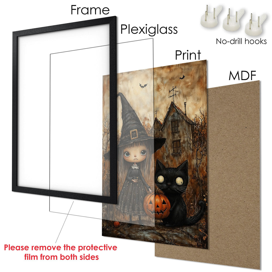 Framed Poster featuring a whimsical witch and black cat, in a vintage style with a warm, earthy color palette. Perfect Halloween decor.