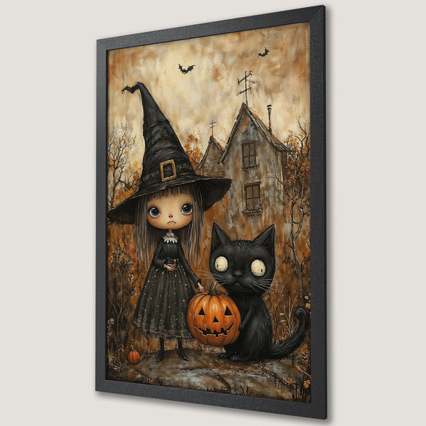 Framed Poster featuring a whimsical witch, black cat, and pumpkin. Gothic art style with warm, earthy tones. Perfect Halloween decor!