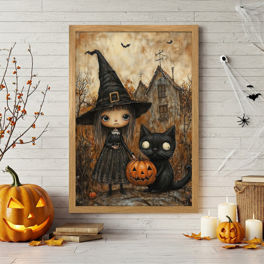 Framed Poster featuring a whimsical witch and black cat with a pumpkin, in a warm, autumnal color palette. Perfect Halloween decor!