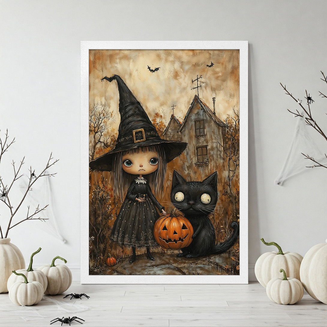 Framed Poster featuring a witch, black cat, and pumpkin in a whimsical, Halloween-themed style with a warm, earthy color palette.