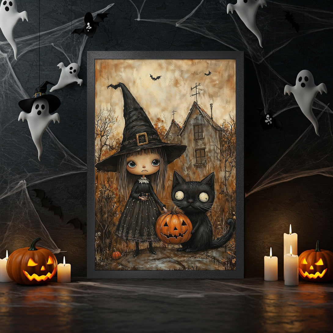 Framed Poster featuring a witch, black cat, and pumpkin in a spooky, whimsical style with a warm, autumnal color palette. Perfect Halloween decor!