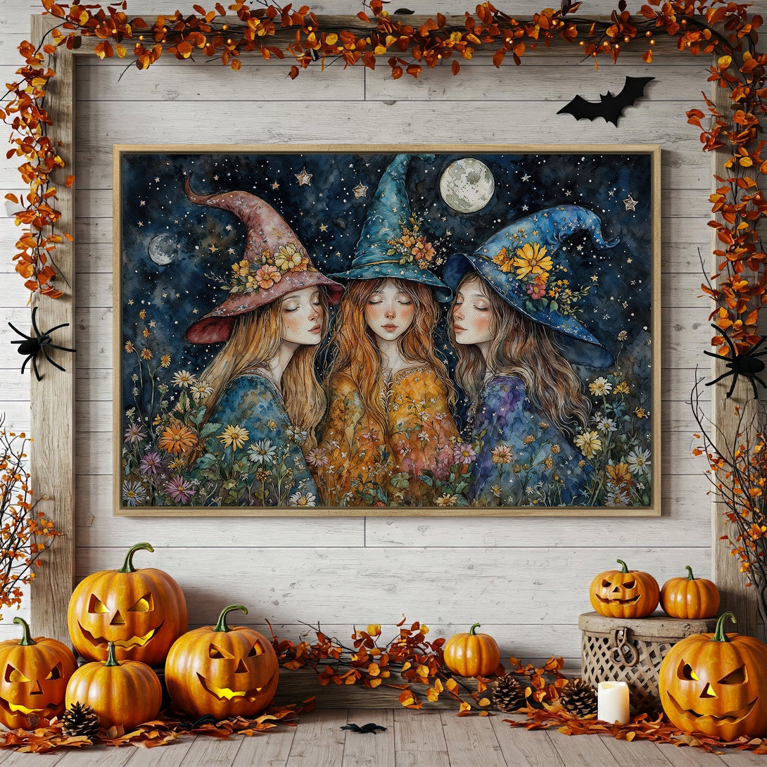 Framed Wall Art: Watercolor witches with starry night background. Enchanting autumn decor in blue, orange, and gold hues. Perfect Halloween gift.