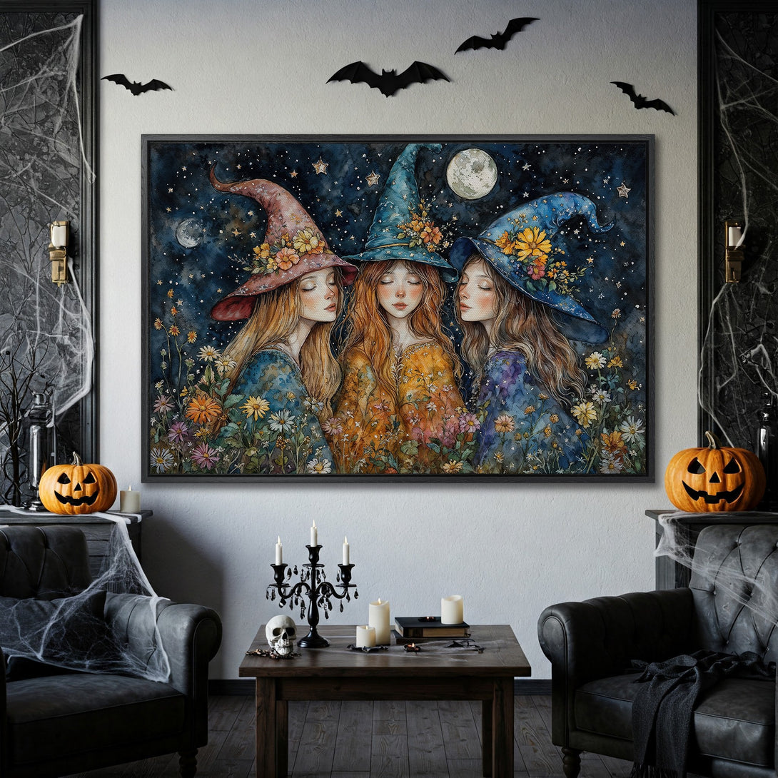Framed Wall Art: Watercolor witches in a starry night scene. Moody blues, greens, and oranges create a magical Halloween vibe. Perfect for seasonal decor!