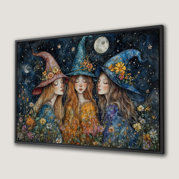 Framed Wall Art: Watercolor painting of three witches under a starry night sky. Features a whimsical style with a blue, orange, and purple color palette.