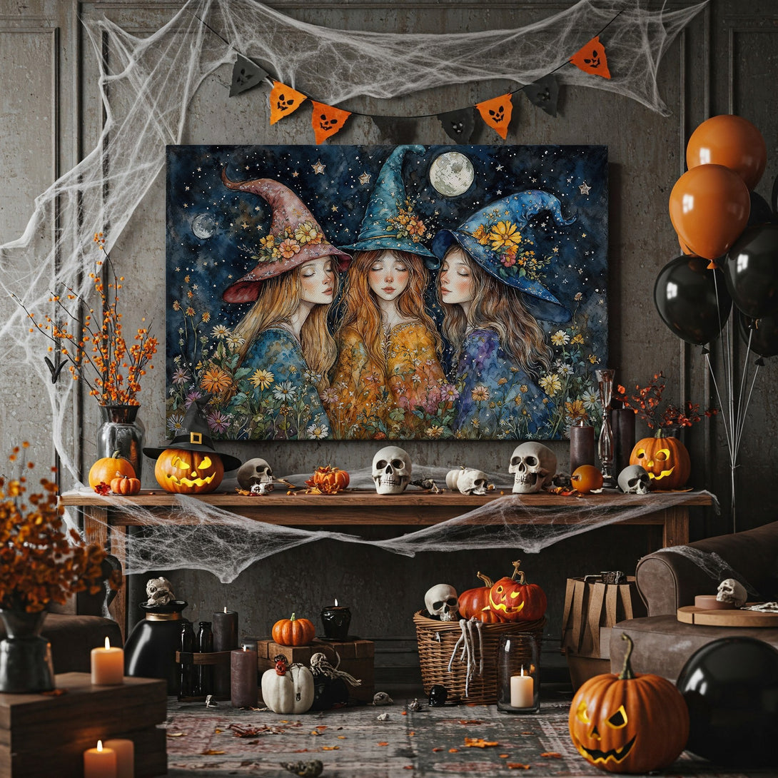 Framed Wall Art featuring three witches in a whimsical watercolor style, set against a starry night sky. Rich blues, oranges, and purples create a magical ambiance.