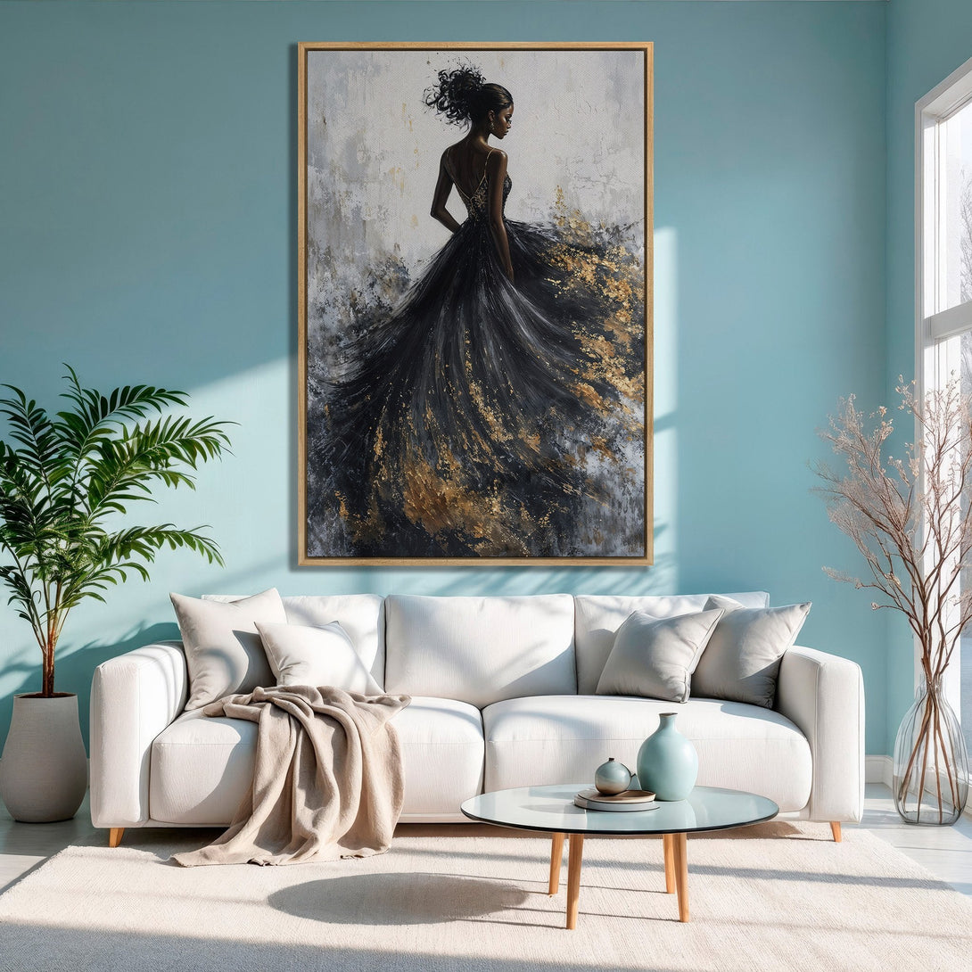Framed Wall Art: Elegant woman in black & gold dress. Abstract art style with a neutral & teal color palette. Perfect for modern home decor.