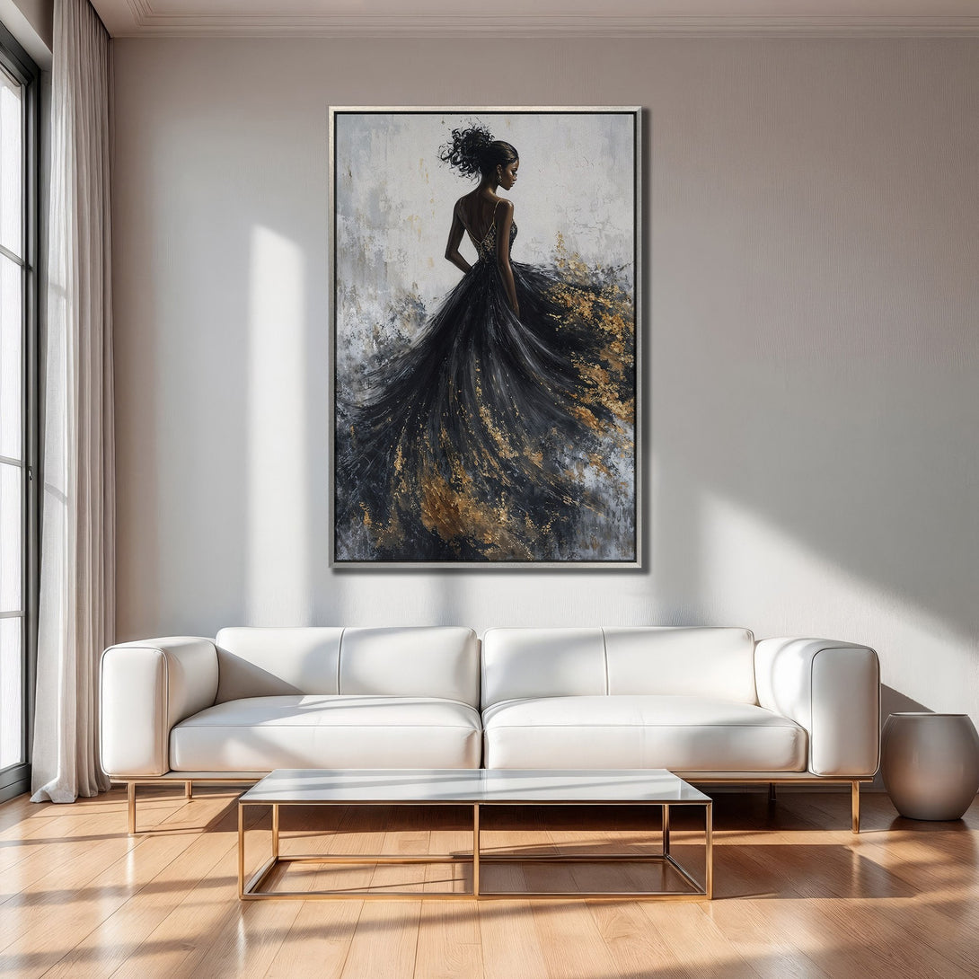 Framed Wall Art: Elegant woman in black & gold dress. Abstract art style with a neutral & gold color palette. Perfect for modern home decor.