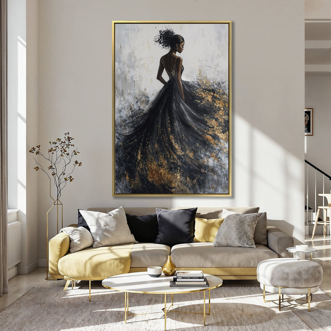 Canvas Print of elegant woman in black dress with gold accents. Abstract art style, neutral & gold color palette. Perfect wall decor.