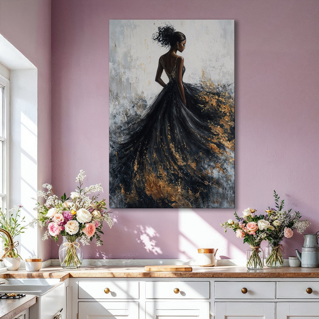 Framed Wall Art: Elegant woman in black and gold abstract dress. Modern art in a luxurious interior. Neutral palette with gold accents.