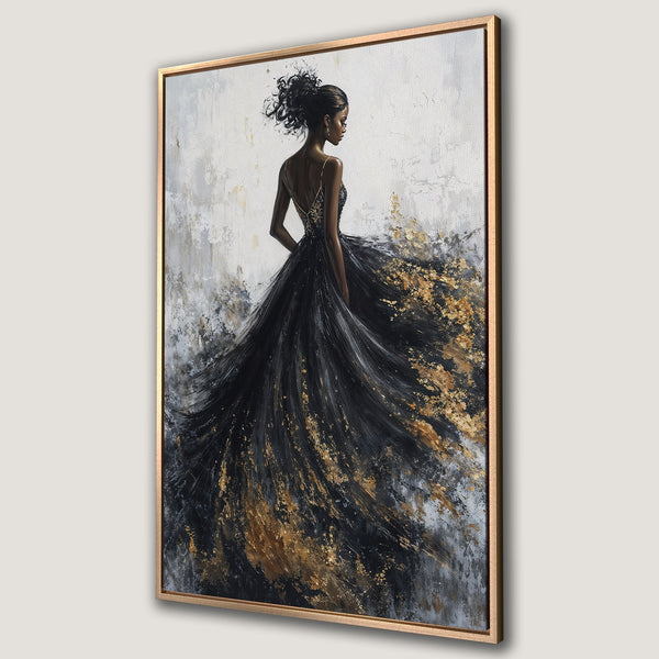 Framed Wall Art: Elegant woman in black gown with gold accents. Abstract style, neutral and gold color palette. Perfect for modern home decor.